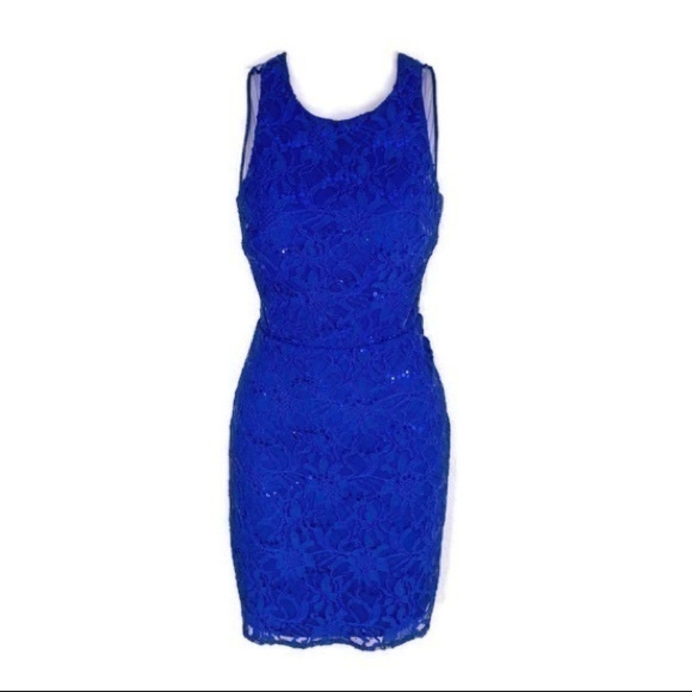 Adrianna Papell blue sequin lace cutout dress X28